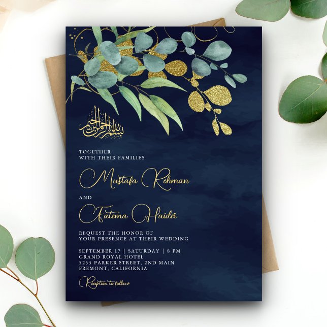 Navy Blue Eucalyptus Gold Branch Islamic Wedding Invitation (Creator Uploaded)