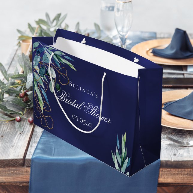 Navy blue eucalyptus greenery bridal shower large gift bag (Creator Uploaded)