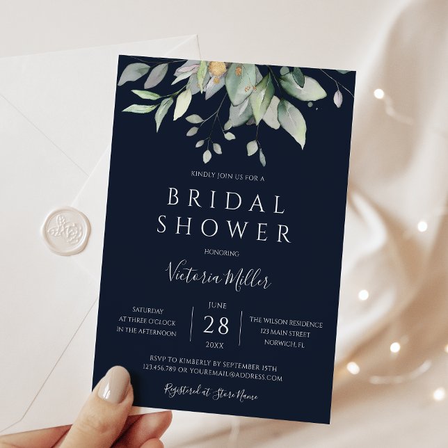 Navy Blue Eucalyptus Greenery Leaves Bridal Shower Invitation (Creator Uploaded)