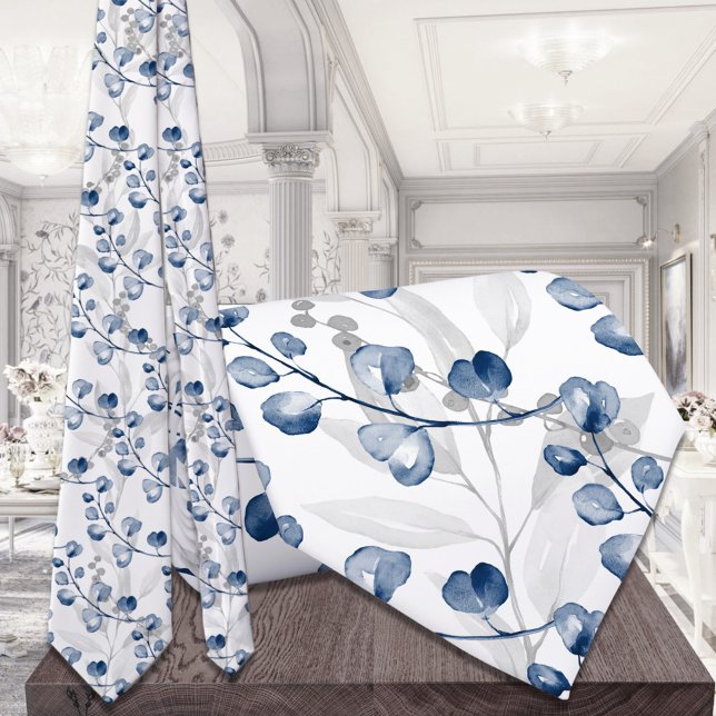 Navy Blue Eucalyptus Greenery Watercolor Wedding Tie (Creator Uploaded)