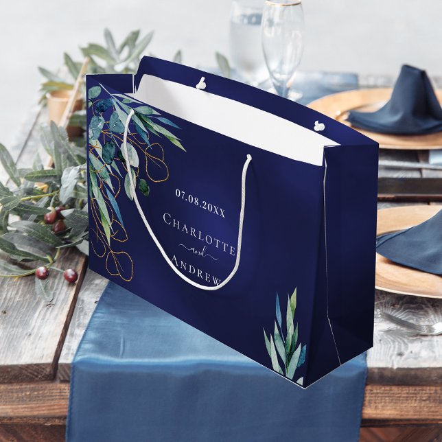 Navy blue eucalyptus greenery wedding large gift bag (Creator Uploaded)