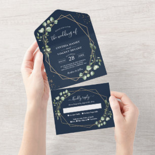 Navy Blue Eucalyptus Leaves Geometric Wedding All In One Invitation