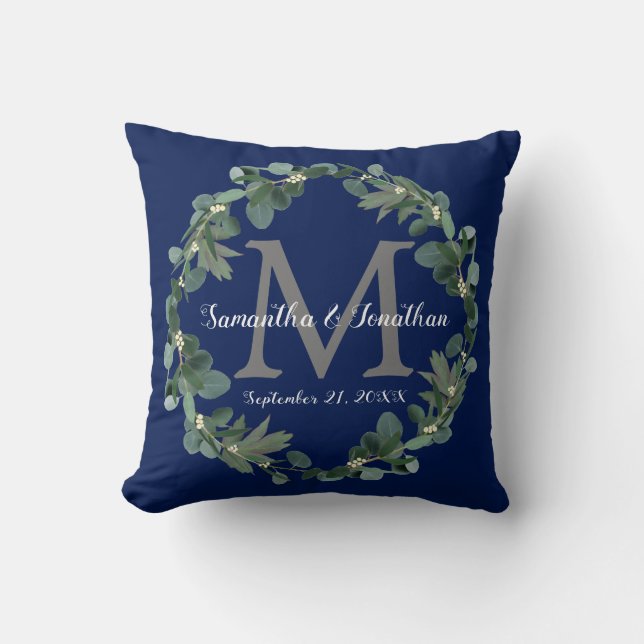 Navy Blue Eucalyptus Monogram Wedding Keepsake Cushion (Front)