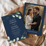 Navy Blue Eucalyptus Photo Greenery Wedding Invitation<br><div class="desc">Announce your special day with this navy blue eucalyptus photo greenery wedding invitation, featuring your favourite photo framed by watercolor eucalyptus leaves and elegant typography. The deep navy background adds a timeless, formal touch, while the greenery accents bring a natural, rustic feel. Perfect for garden, vineyard, or classic evening weddings,...</div>