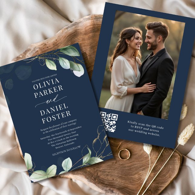 Navy Blue Eucalyptus QR Code Photo Wedding Invitation (Creator Uploaded)