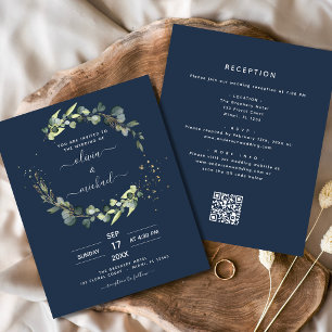 Navy Blue Eucalyptus QR Code Wedding Invitation Flyer