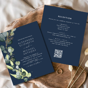 Navy Blue Eucalyptus QR Code Wedding Invitation Flyer