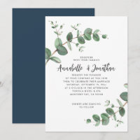 Navy Blue Eucalyptus script Modern Invitation