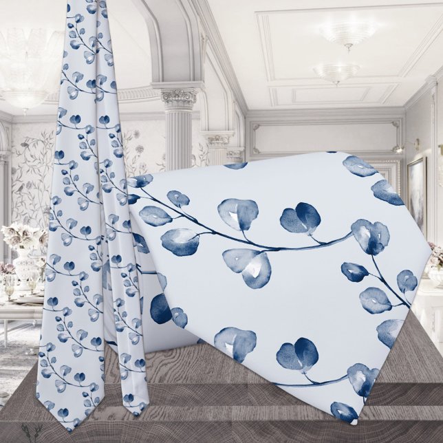 Navy Blue Eucalyptus Wedding Blush Grey Neck Tie (Creator Uploaded)