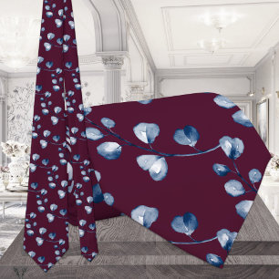 Navy Blue Eucalyptus Wedding Burgundy Neck Tie
