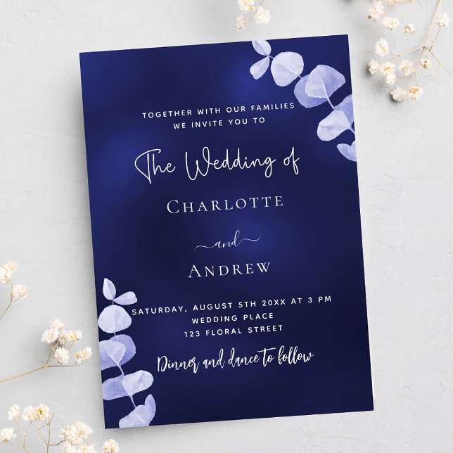 Navy blue eucalyptus wedding invitation (Creator Uploaded)