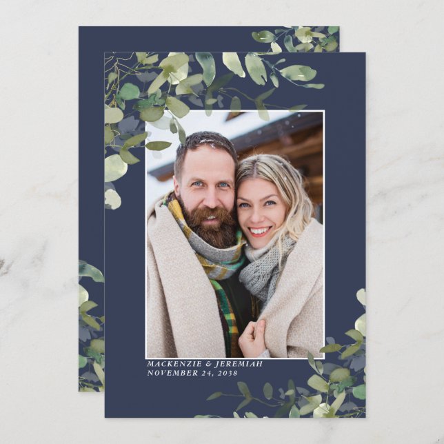 Navy Blue Eucalyptus Wedding Photo Save the Date (Front/Back)