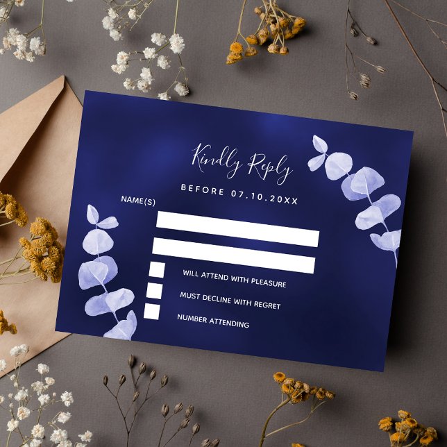 Navy blue eucalyptus wedding response RSVP Card (Creator Uploaded)