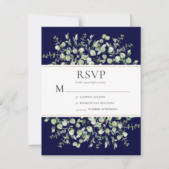 Navy Blue Eucalyptus Wedding RSVP Card (Front)