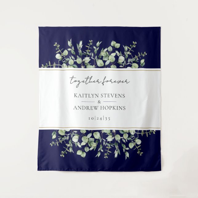 Navy Blue Eucalyptus Wedding Together Forever  Tapestry (Front)