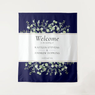 Navy Blue Eucalyptus Wedding Welcome  Tapestry