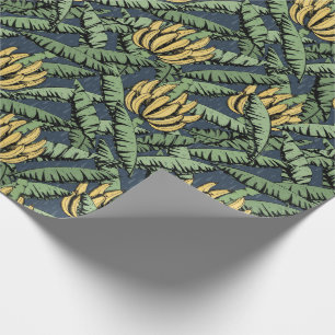 Navy Blue Exotic Yellow Bananas and Leaves  Wrapping Paper