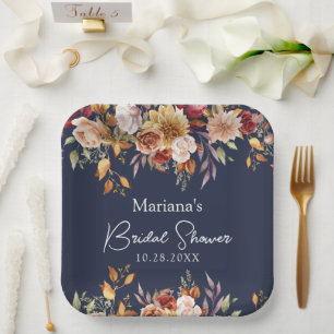 Navy Blue Fall Floral Bridal Shower Paper Plate