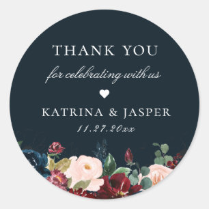 Navy Blue Fall Floral Wedding Favour Classic Round Sticker