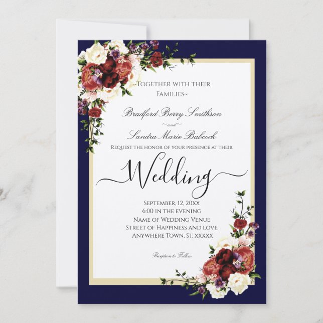 Navy blue Fall Flowers Terracotta Cream Burgundy Invitation (Front)