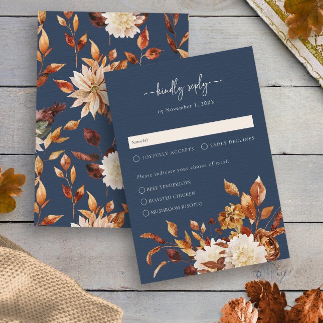 Navy Blue Fall Leaves Response Card (Navy Blue Fall Leaves Floral Response Card by Painted Paperie
)
