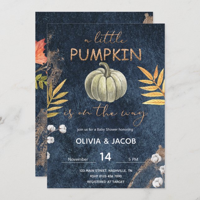 Navy Blue Fall Pumpkin Baby Shower Invitation (Front/Back)