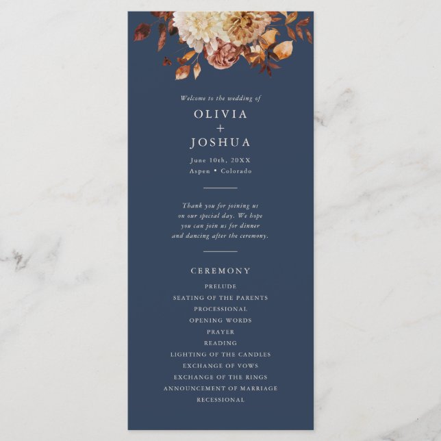 Navy Blue Fall Wedding Programme (Front)