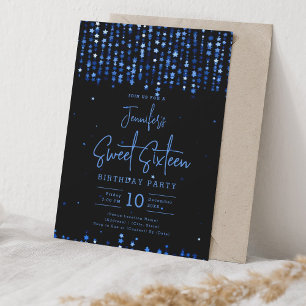 Navy Blue Falling Stars Sweet 16 Birthday Party Invitation