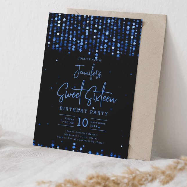 Navy Blue Falling Stars Sweet 16 Birthday Party Invitation (Navy Blue Falling Stars Sweet 16 Birthday Party Invitation)