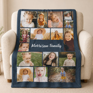 Navy Blue Family 16 Photo Collage Fleece Blanket
