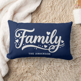Navy Blue Family Heart Script Monogram Lumbar Cushion