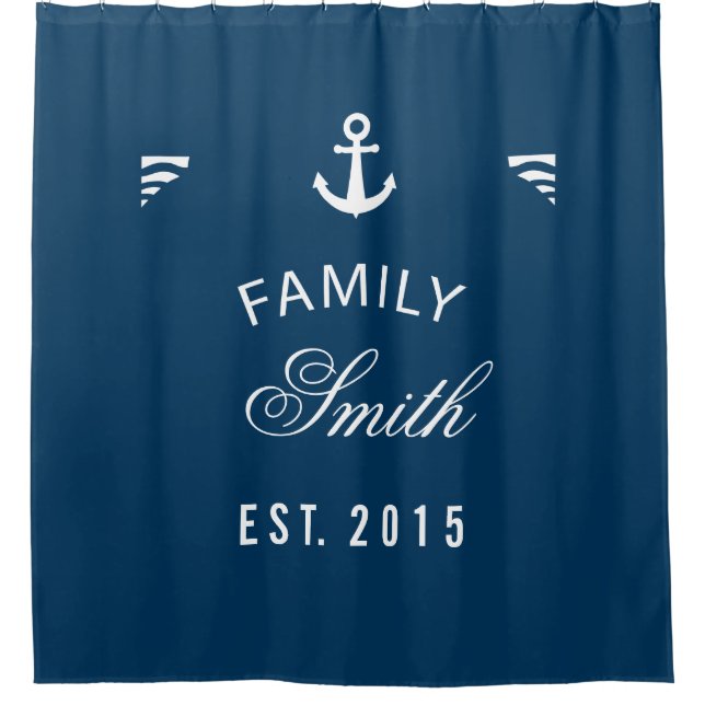 Navy Blue Family Nautical Anchor Personalised Shower Curtain (Front)