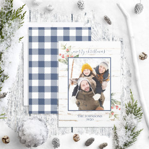 Navy Blue Farmhouse Merry Christmas Plaid Photo Holiday Card