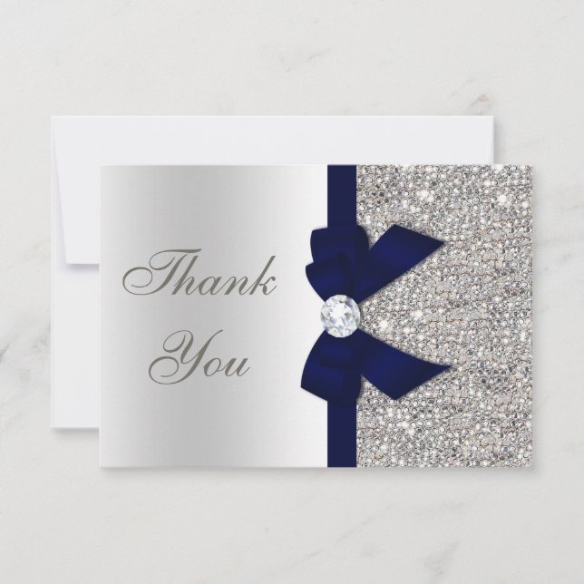Navy Blue Faux Bow Silver Sequins Thank You Card (Front)