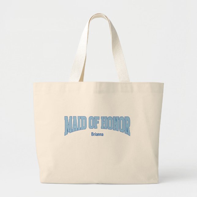 Navy + Blue Faux Glitter MAID OF HONOR Large Tote Bag (Front)