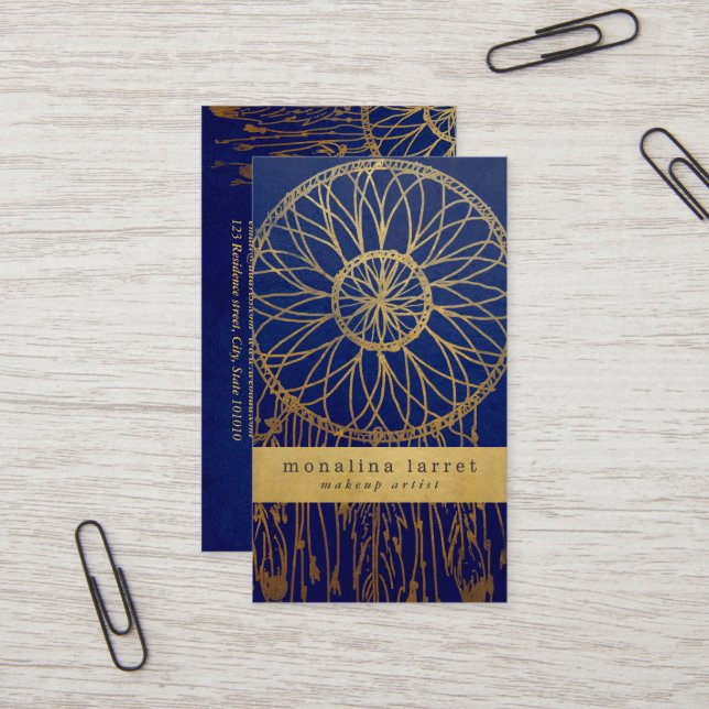 Navy Blue | Faux Gold Foil Bohemian Dream Catcher Business Card (Front/Back In Situ)