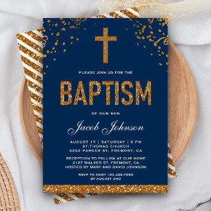 Navy Blue Faux Gold Glitter Cross Royal Baptism Invitation