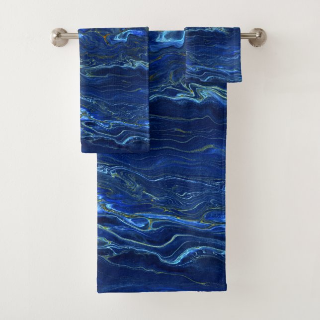 Navy Blue & Faux Gold Marble Acrylic Abstraction Bath Towel Set (Insitu)