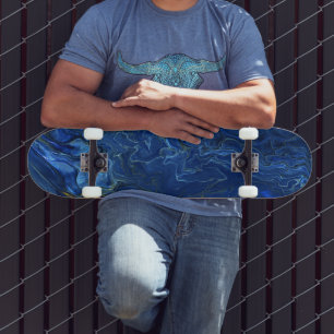 Navy Blue & Faux Gold Marble Acrylic Abstraction Skateboard