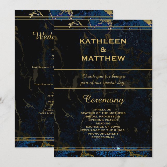 Navy Blue & (Faux) Gold Marble Wedding Programme (Front/Back)