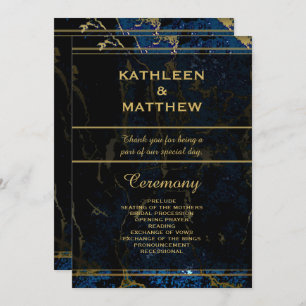 Navy Blue & (Faux) Gold Marble Wedding Programme