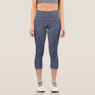 Navy Blue & Faux Gold Moroccan Mosaic Pattern  Capri Leggings