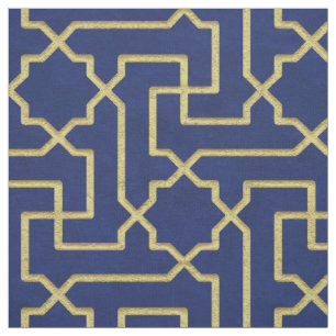 Navy Blue & Faux Gold Moroccan Mosaic Pattern Fabric