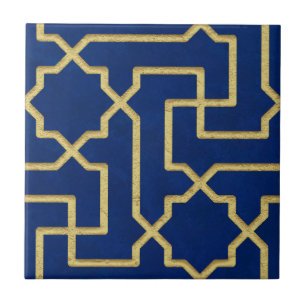 Navy Blue & Faux Gold Moroccan Mosaic Pattern  Tile
