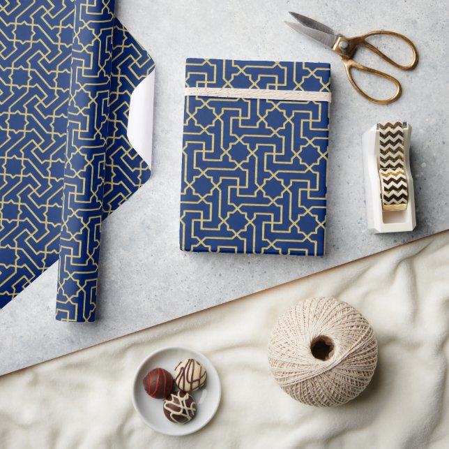 Navy Blue & Faux Gold Moroccan Mosaic Pattern   Wrapping Paper (Crafts)