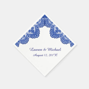 Navy Blue Faux Lace on White Wedding Napkin