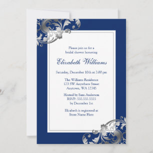 Navy Blue Faux Silver Flourish Swirl Bridal Shower Invitation