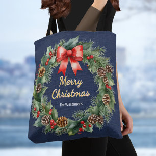 Navy Blue Festive Christmas Wreath Elegant Custom Tote Bag
