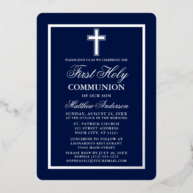 Navy Blue First Holy Communion Cross Silver (Front)