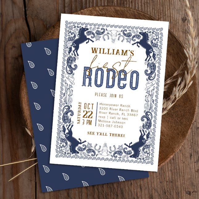 Navy Blue First Rodeo Birthday Invitation – Wester (Wild West Birthday Invite - Navy Blue)
